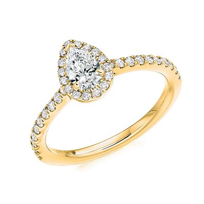 Pear Cut Diamond Solitaire with Diamond Halo & Shoulders