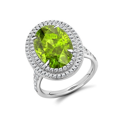 Oval Peridot with Double Diamond Halo & Shoulders