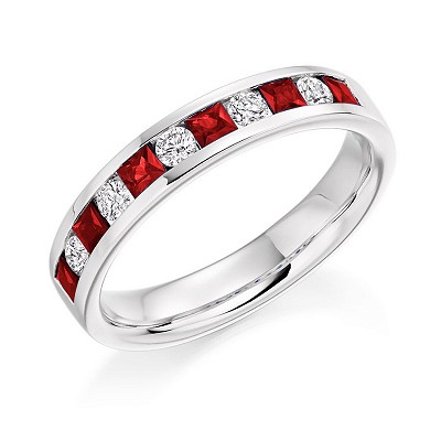 Princess Cut Rubies & Round Brilliant Diamond Half Eternity Ring