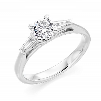 Round Brilliant Diamond Solitaire with Diamond Baguette Shoulders